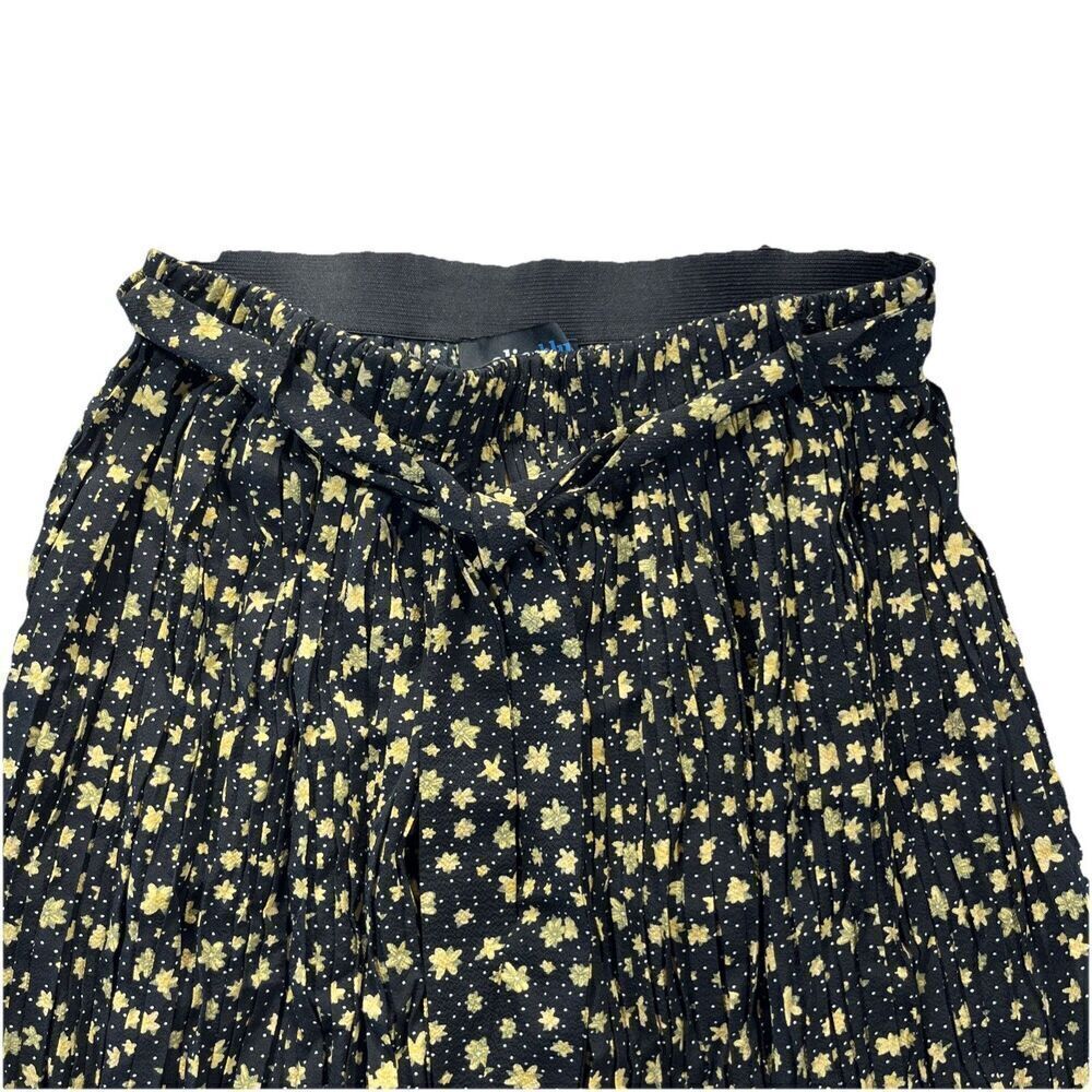 Alice Blue Accordion Pleat Midi Skirt Size S Black Butter Yellow Floral Belt - Picture 9 of 13